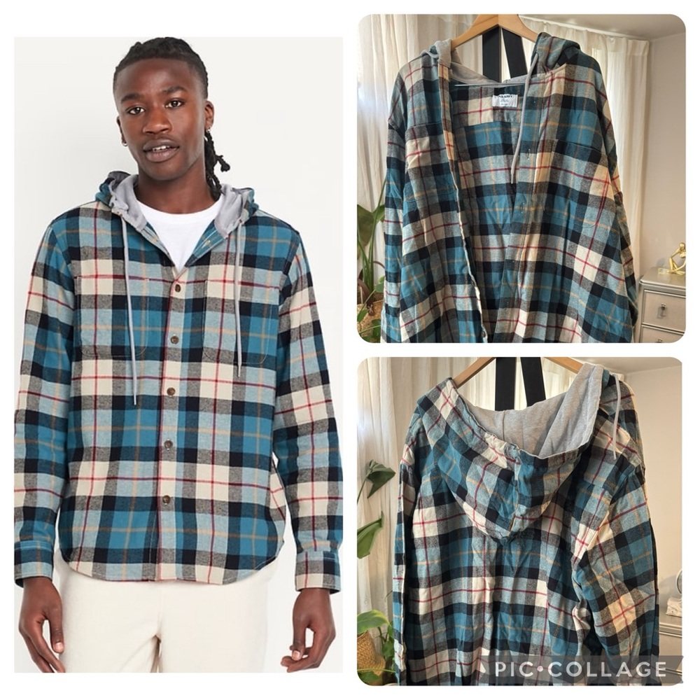 Blue and Gray Lightweight Plaid Shirt Jacket with Hood NWOT